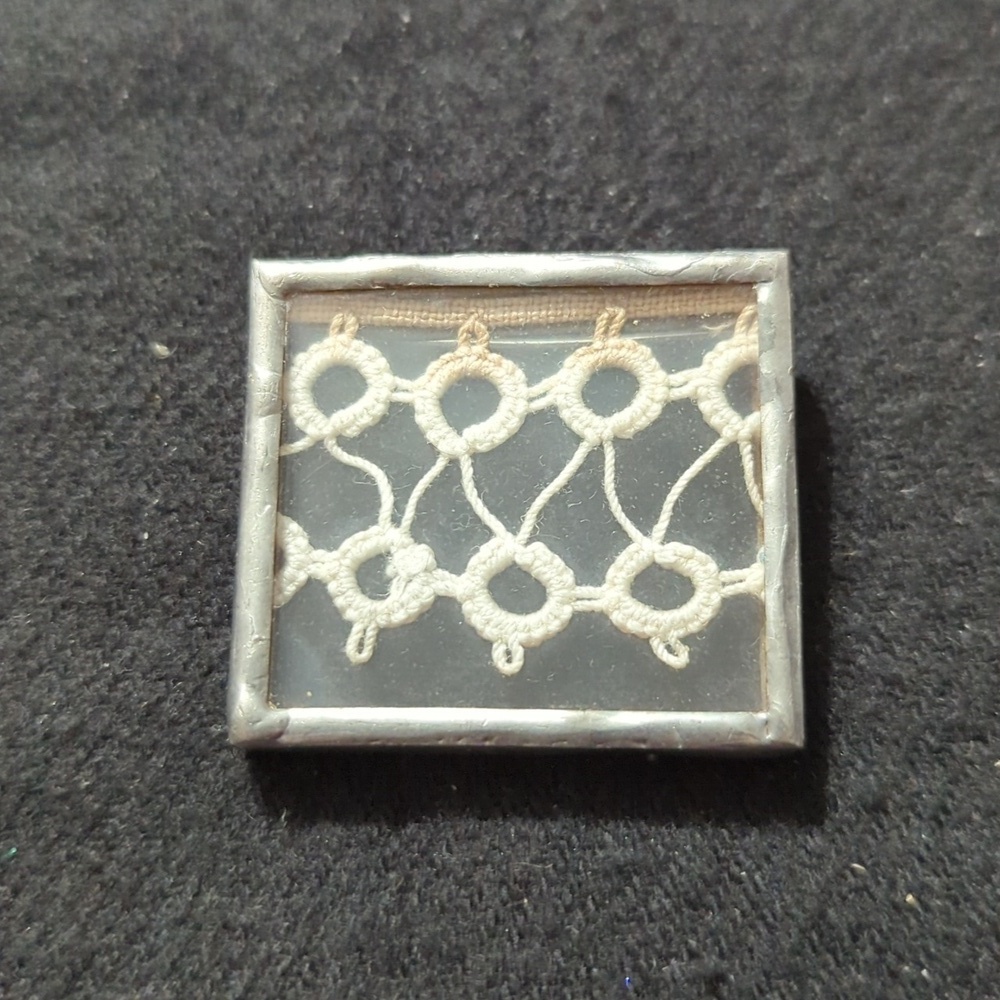Vintage Silver Tone Framed White Tatted Lace Statement Brooch Pin